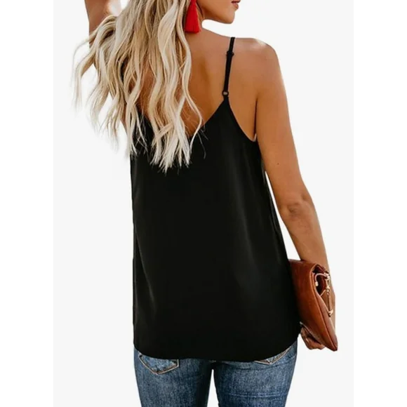 Women's V Neck Sleeveless Tank Top Black Button Down Flowy Cami Summer Blouse M - Picture 2 of 3